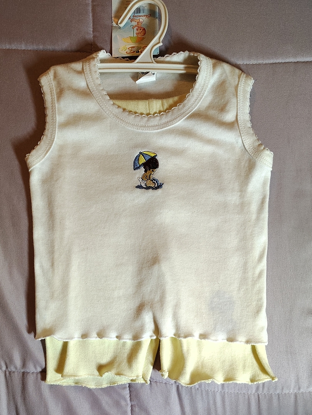 Cream Tank Top with Yellow Trim Pants and Umbrella Embroidery
